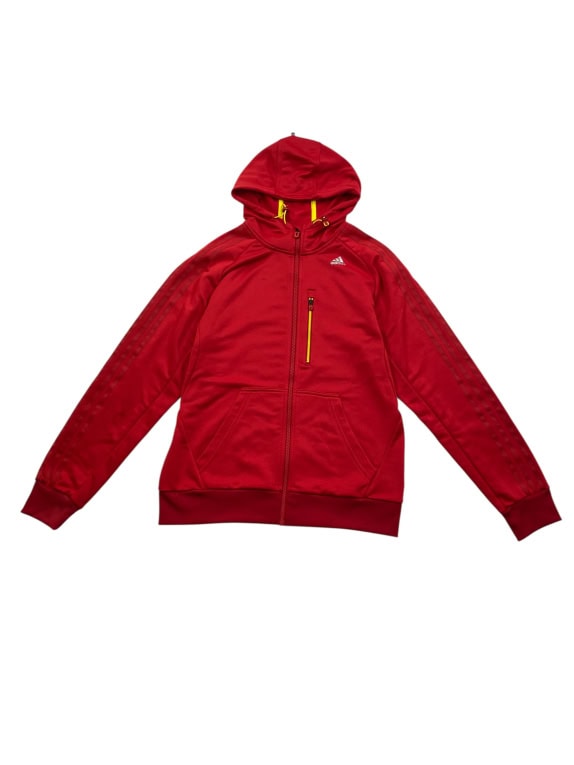 ADIDAS felpa con cappuccio rossa con dettagli gialli da uomo M