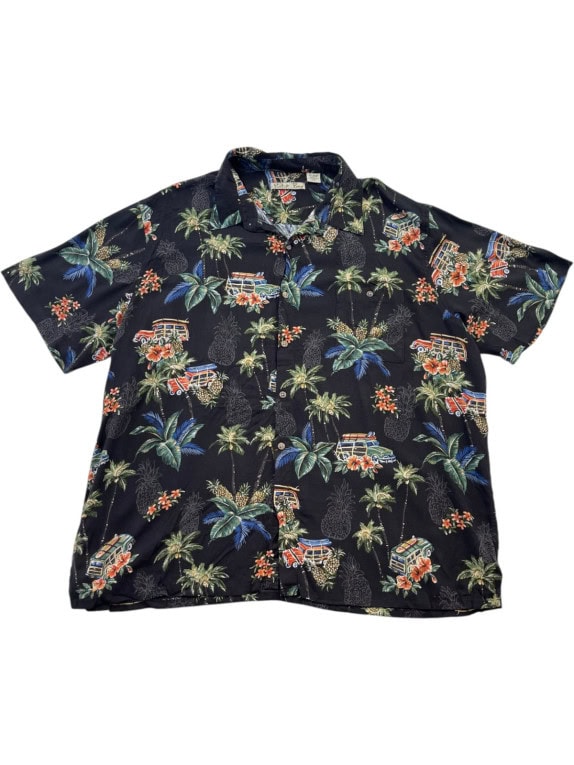 BATTCK BAY HAWAIIAN SHIRT TROPICAL BLACK MEN PRE OWNED L