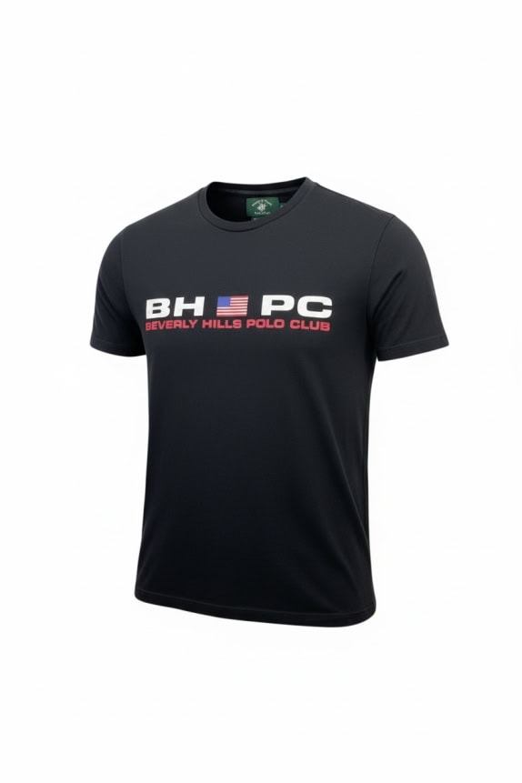 BEVERLY HILLS POLO CLUB T-SHIRT CASUAL LOGO PRINT BLACK MENS M