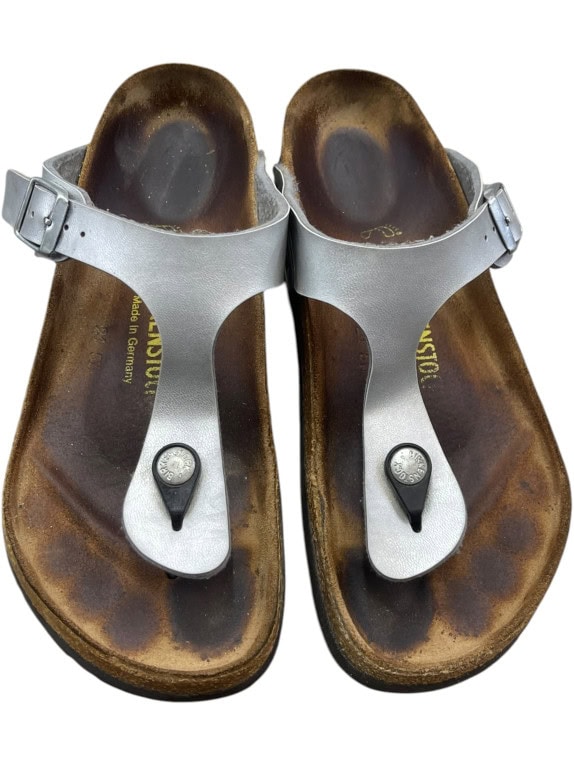 BIRKENSTOCK Σαγιονάρες Δερμάτινες Casual Logo Γκρι Γυναικείες EU 37