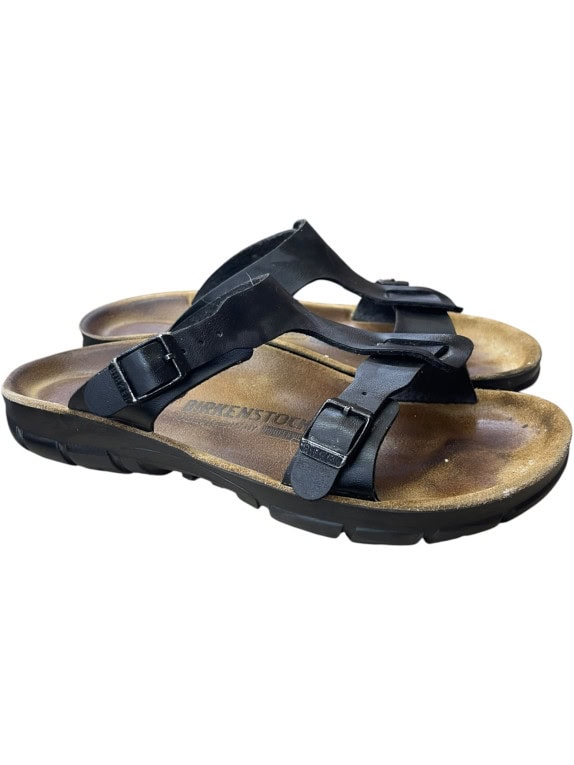 BIRKENSTOCK Leather Sandals Casual Logo Black Unisex Size 39