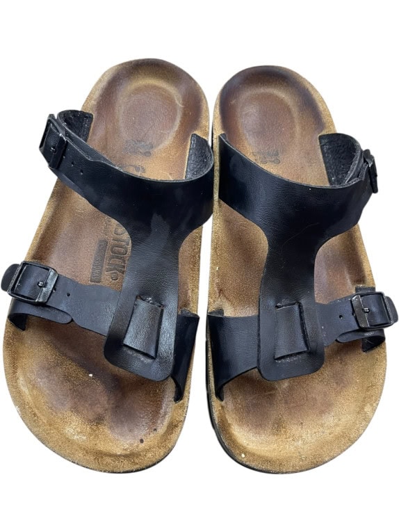 BIRKENSTOCK Leather Sandals Casual Logo Black Unisex Size 39