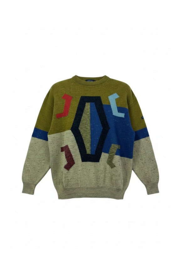 BOSS 80s MAGLIONE IN MAGLIA VINTAGE OLIVA MULTICOLORE UOMO PRE OWNED XL