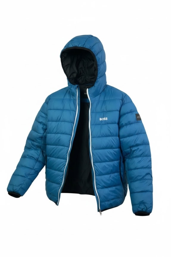 BOSS PUFFER JACKET WITH HOOD LOGO BLUE UNISEX M