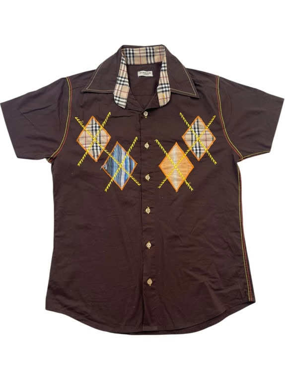 BURBERRY LONDON CAMICIA MANICHE CORTE RICAMATA MARRONE UOMO PRE OWNED M