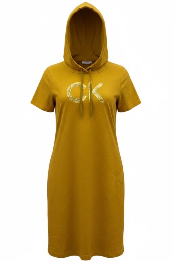 CALVIN KLEIN HOODED LOGO DRESS MUSTARD YELLOW WOMEN'S M