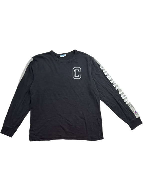 CHAMPION Long Sleeve Shirt 90s Spellout Logo Black UNISEX Size L