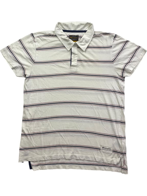 CHAMPION POLO SHIRT VINTAGE ΡΙΓΕ ΜΕ ΛΟΓΟΤΥΠΟ ΛΕΥΚΟ-ΜΠΛΕ ΑΝΔΡΙΚΟ L