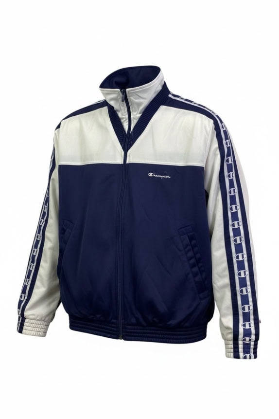 CHAMPION Giacca sportiva con logo e bande sulle maniche Blu / Bianco UNISEX S