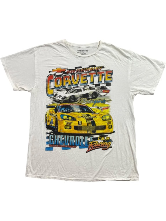 CHEMISTRY Corvette Chevrolet C6.R Racing Graphic T-Shirt White UNISEX L