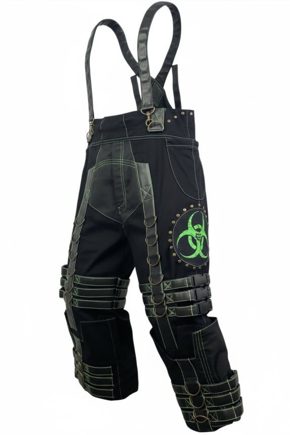 CRYOFLESH CYBER GOTH BIOHAZARD LOGO OVERALL SHORTS BLACK WITH NEON GREEN UNISEX L