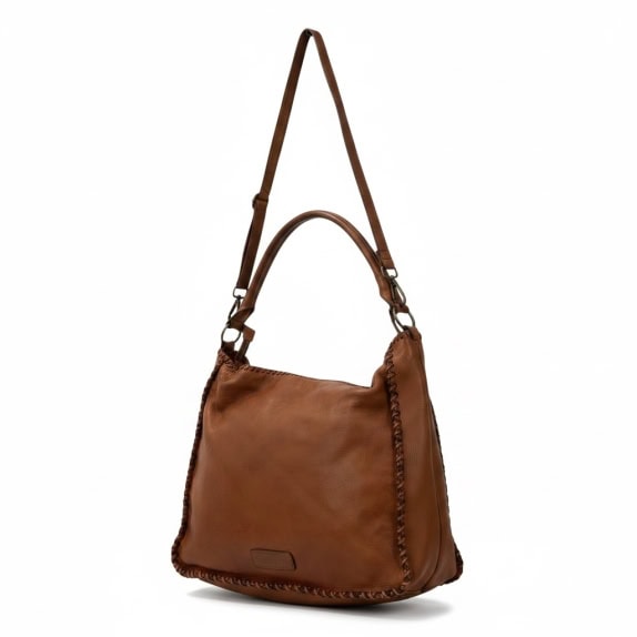 Tan Leather Shoulder Bag with Decorative Stitching