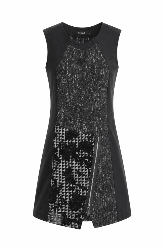 DESIGUAL MINI DRESS MONOCHROME BLACK WOMEN PRE OWNED S