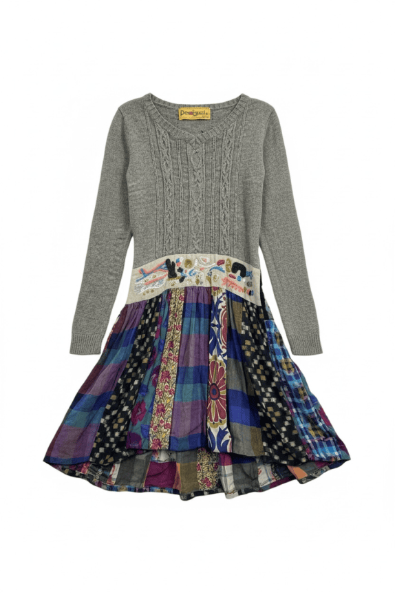 DESIGUAL Φόρεμα Mini Πλεκτό & Patchwork Γκρι Πολύχρωμο Γυναικείο L (40)