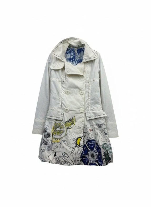 DESIGUAL TRENCH COAT VINTAGE ART GRAPHICS WHITE WOMEN'S S