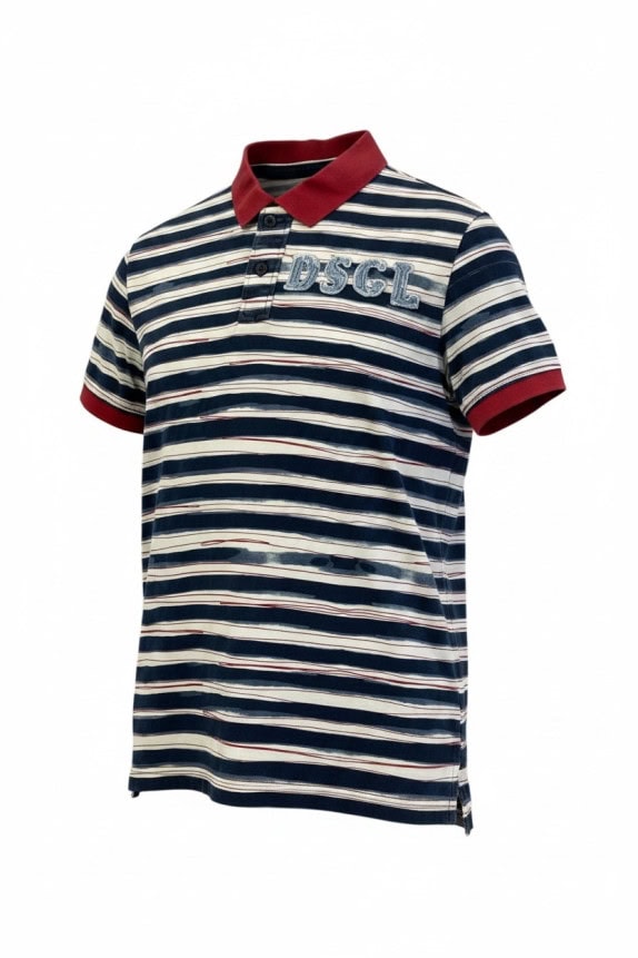 DESIGUAL POLO SHIRT RETRO STRIPED NAVY MENS PRE OWNED L