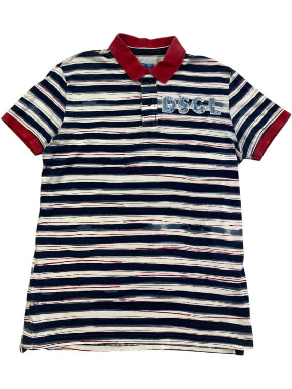 DESIGUAL POLO SHIRT RETRO STRIPED NAVY MENS PRE OWNED L