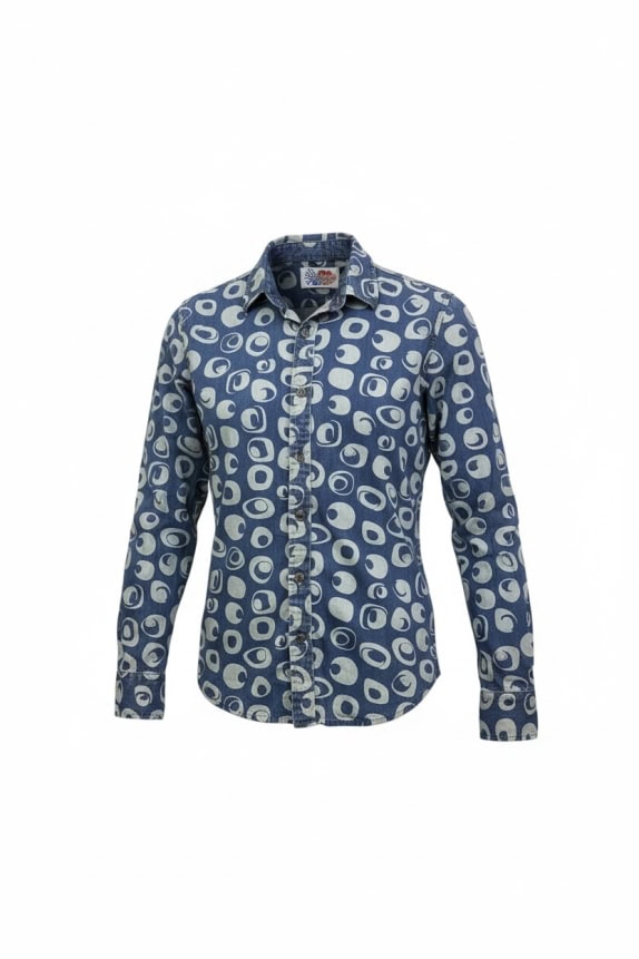 DESIGUAL Πουκάμισο Denim Retro Μοτίβο Κύκλοι Μπλε Size M