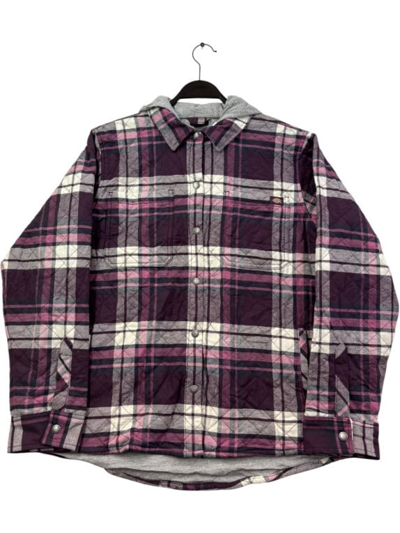 DICKIES QUILTED HOODED SHIRT JACKET WORKWEAR BURGUNDY PLAID MEN PRE OWNED L