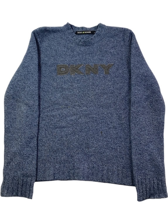 DKNY JEANS KNIT SWEATER SPELL OUT BLUE MARL WOMEN PRE OWNED S