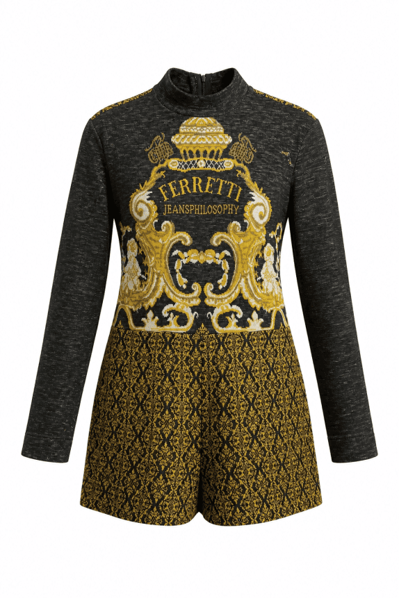 1989 FERRETTI TOP MANICA LUNGA COLLO ALTO VINTAGE NERO ORO DONNA PRE OWNED L