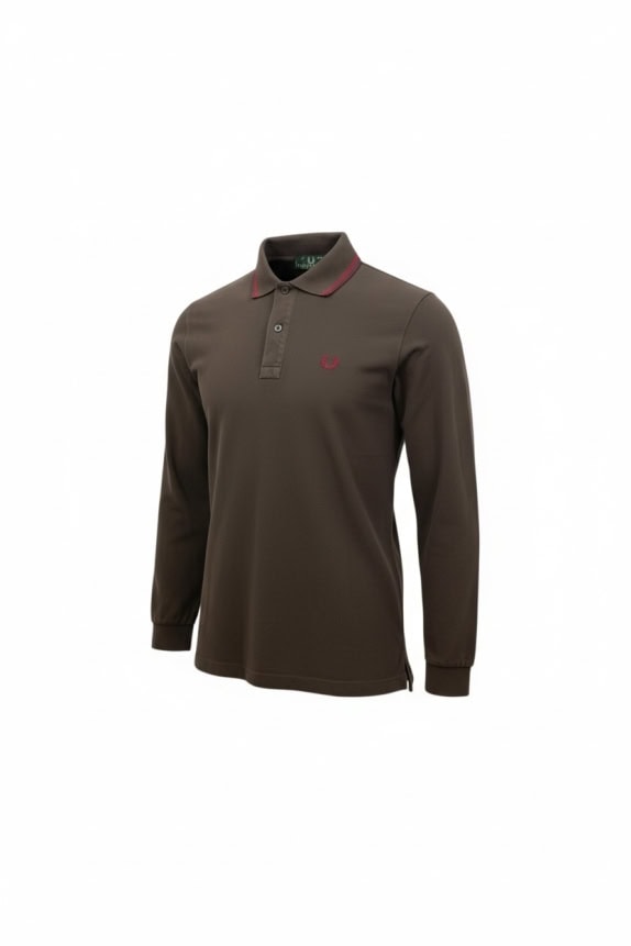 FRED PERRY Polo a maniche lunghe con logo marrone da uomo M