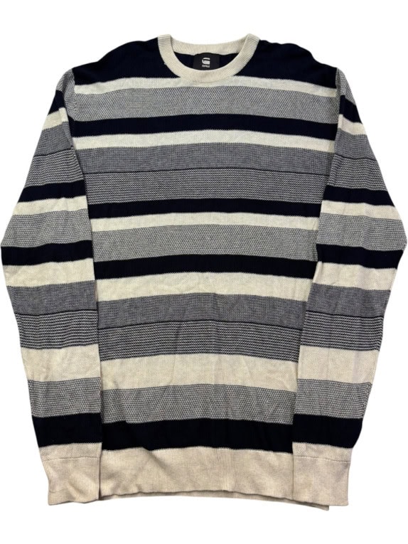 G STAR RAW KNIT SWEATER STRIPED NAVY GREY CREAM MENS PRE OWNED L
