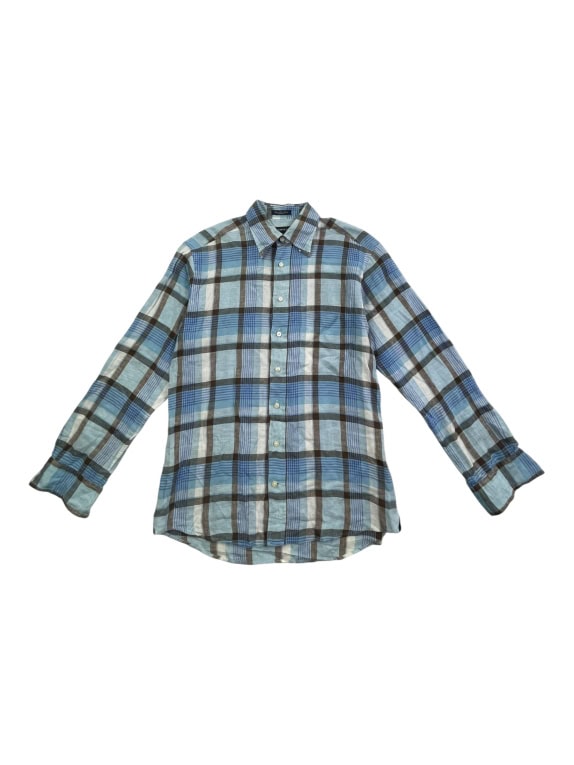 GANT Shirt Long Island Linen Regular Fit Light Blue Plaid Men's M