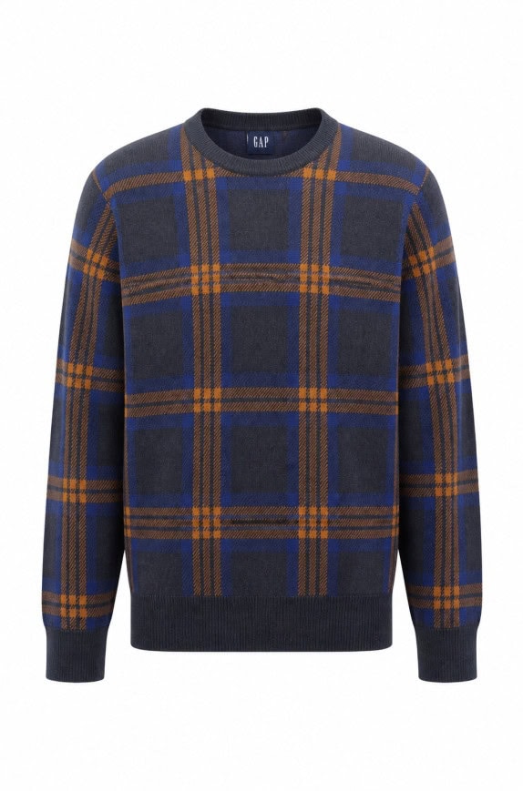 GAP KNIT SWEATER CHECK BLUE GREY MEN PRE OWNED L