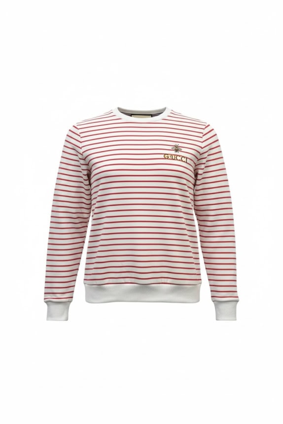 GUCCI Φούτερ Ριγέ Vintage Logo Κεντητή Μέλισσα Λευκό-Κόκκινο Γυναικείο M