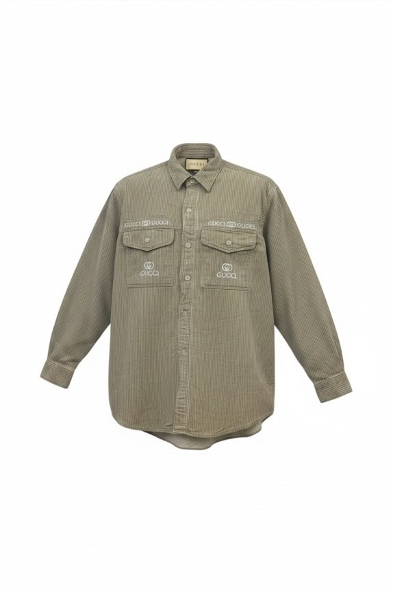 GUCCI SHIRT EMBROIDERED WASHED OLIVE MENS PRE OWNED L
