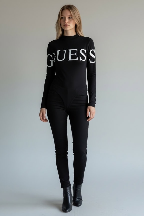 GUESS LONG SLEEVE BODYSUIT CASUAL LOGO BLACK WOMEN S