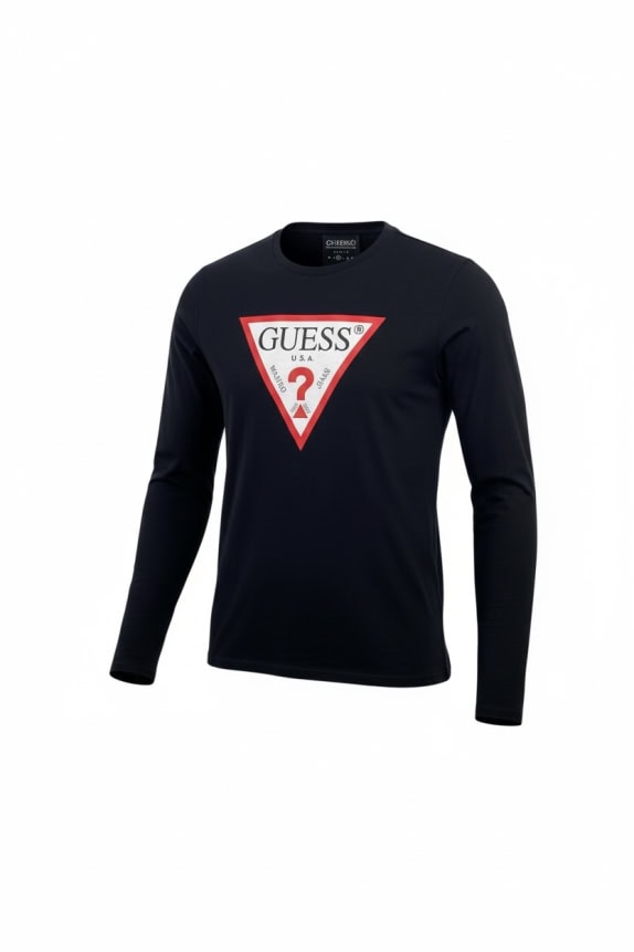 GUESS Maglia a maniche lunghe con logo triangolare nera da uomo M