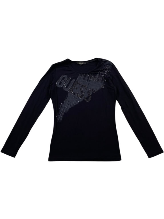 GUESS ΜΠΛΟΥΖΑ ΜΑΚΡΥΜΑΝΙΚΗ RHINESTONE LOGO ΜΑΥΡΟ ΓΥΝΑΙΚΕΙΟ S
