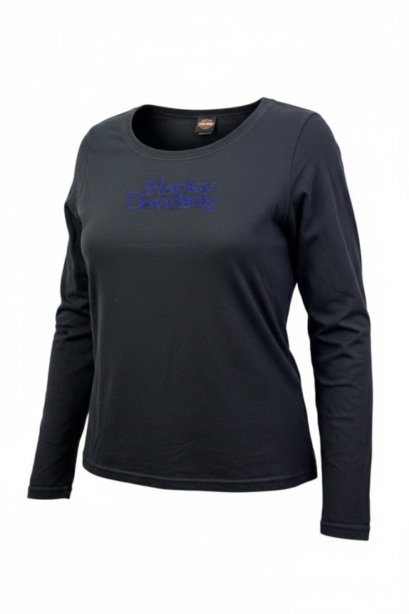 HARLEY DAVIDSON LONG SLEEVE TOP SPELL OUT BLACK WOMEN PRE OWNED L