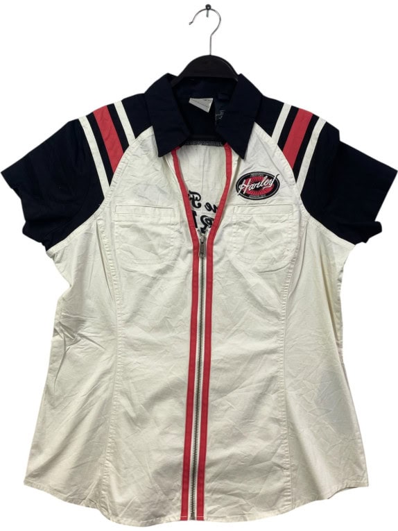 HARLEY DAVIDSON CAMICIA CON ZIP RACING OFF WHITE BLU NAVY DONNA PRE OWNED L