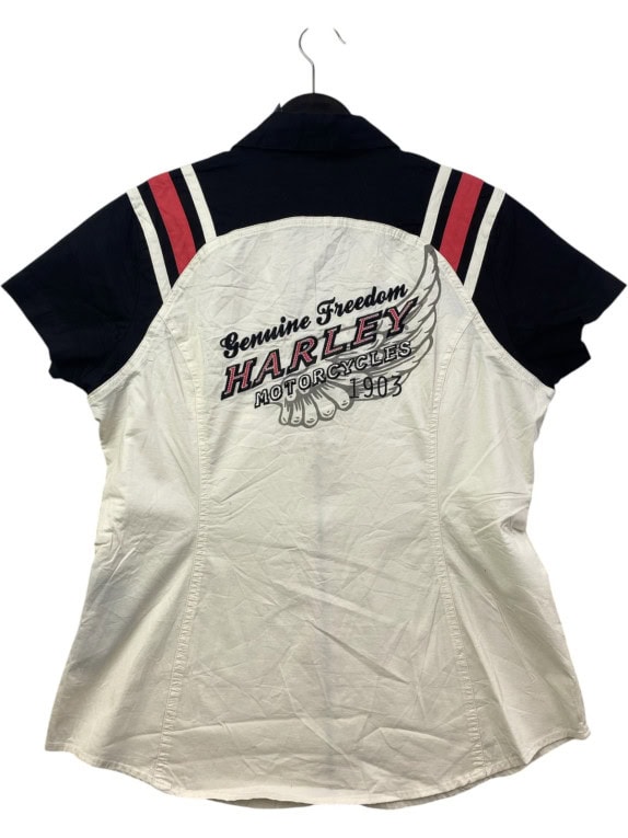 HARLEY DAVIDSON CAMICIA CON ZIP RACING OFF WHITE BLU NAVY DONNA PRE OWNED L