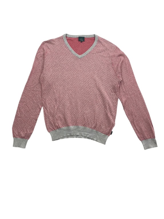 Henry Cotton’s Maglione lavorato a maglia vintage con scollo a V logo rosso/grigio da uomo L