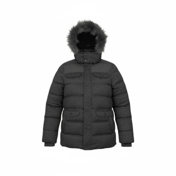 HILFIGER DENIM MEN'S HOODED PUFFER JACKET WITH FUR TRIM GREY - M