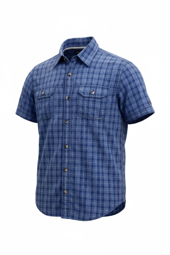 HILFIGER DENIM ΚΟΝΤΟΜΑΝΙΚΟ ΠΟΥΚΑΜΙΣΟ VINTAGE STYLE ΜΕ ΚΕΝΤΗΜΕΝΟ ΛΟΓΟΤΥΠΟ ΜΠΛΕ ΚΑΡΟ ΑΝΔΡΙΚΟ SMALL