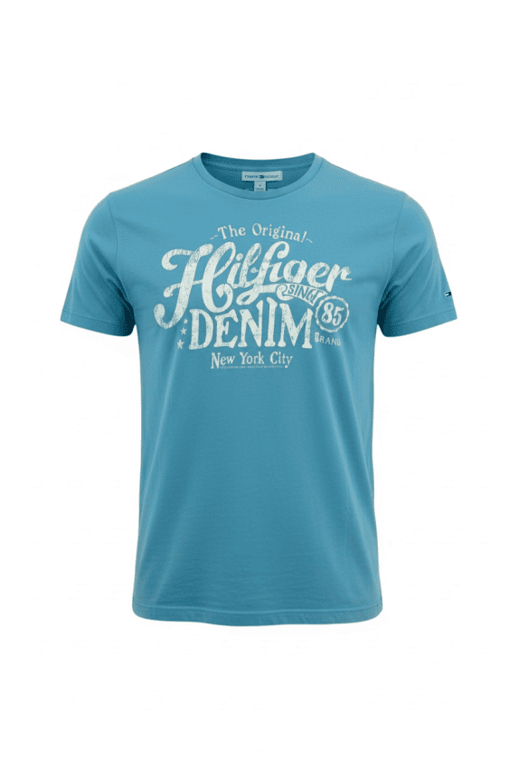 HILFIGER DENIM VINTAGE STYLE GRAPHIC T-SHIRT LIGHT BLUE MEN'S MEDIUM