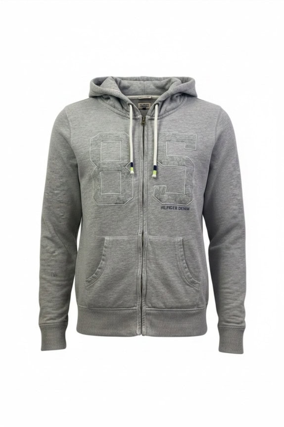 HILFIGER DENIM ZIP HOODIE SPORTSWEAR GRAPHIC GREY MENS PRE OWNED L