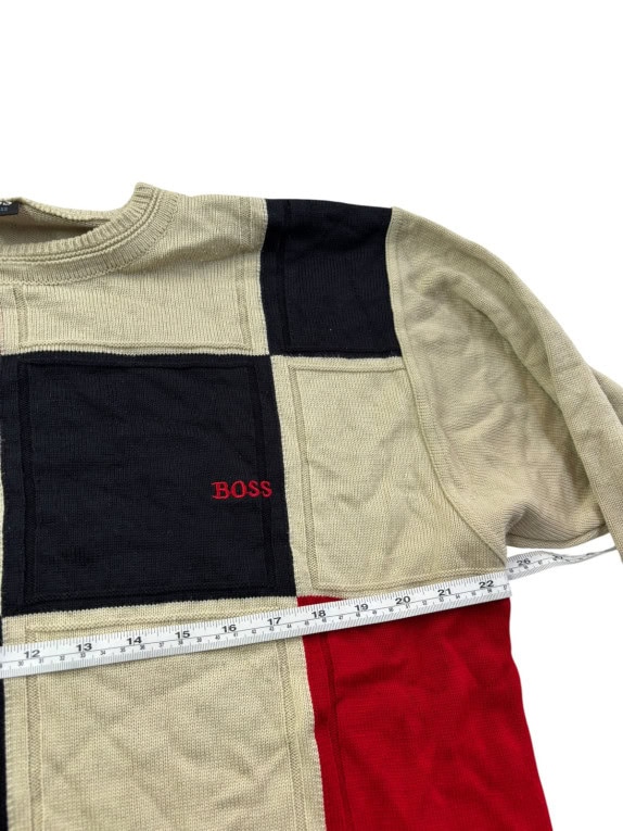HUGO BOSS ΠΛΕΚΤΟ ΠΟΥΛΟΒΕΡ RETRO PATCHWORK ΜΠΕΖ ΜΑΥΡΟ ΚΟΚΚΙΝΟ ΑΝΤΡΙΚΟ PRE OWNED XL
