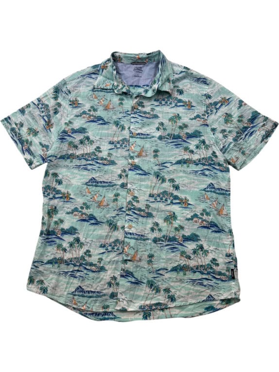 IZOD CAMICIA HAWAIIAN PRINT TROPICAL LIGHT BLUE UOMO PRE OWNED L