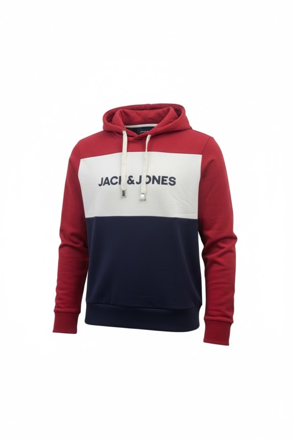 JACK & JONES COLOR-BLOCK HOODIE LOGO PRINT BLUE/RED/WHITE MEN'S MEDIUM/LARGE