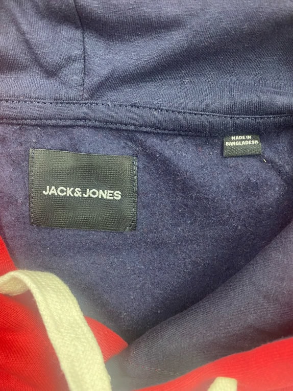 JACK & JONES COLOR-BLOCK HOODIE LOGO PRINT BLUE/RED/WHITE MEN'S MEDIUM/LARGE