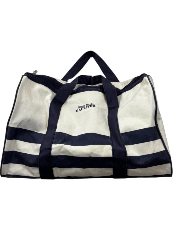 JEAN PAUL GAULTIER DUFFLE BAG CLASSIC STRIPED CREAM NAVY UNISEX PRE OWNED