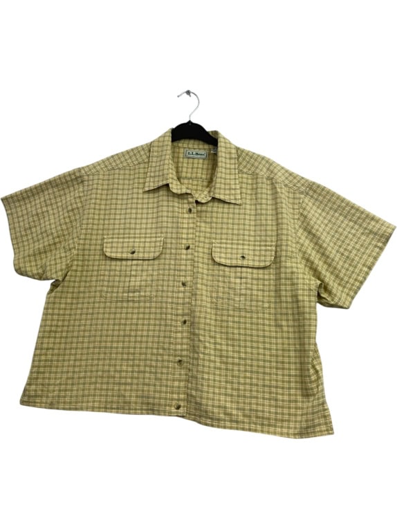 L L BEAN PLAID SHORT SLEEVE SHIRT OLIVE WOMENS PRE OWNED XL