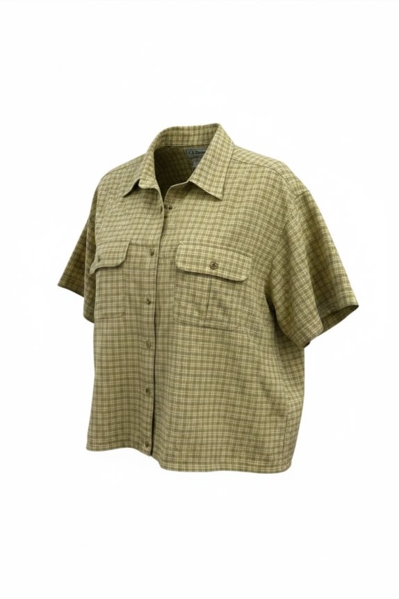 L L BEAN PLAID SHORT SLEEVE SHIRT OLIVE WOMENS PRE OWNED XL