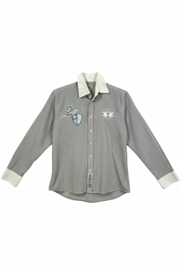 LA MARTINA STRIPED SHIRT VINTAGE STYLE EMBROIDERED GREY/WHITE UNISEX S